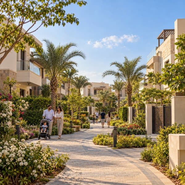 Residents walking through a landscaped gated compound
