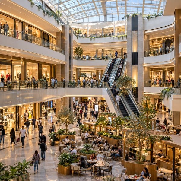 Shoppers and a food court inside a mall